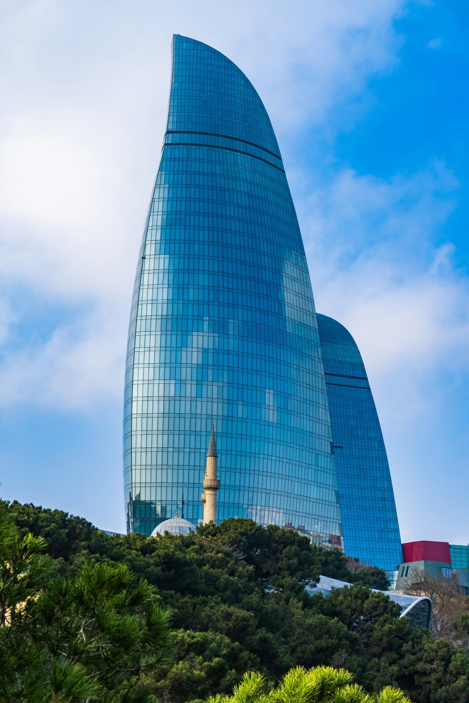 Baku skyline along the Caspian Sea with the Flame Towers